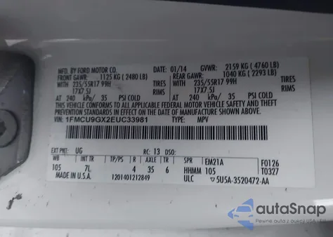 2014 Ford Escape Se from USA, damaged, VIN 1FMCU9GX2EUC33981